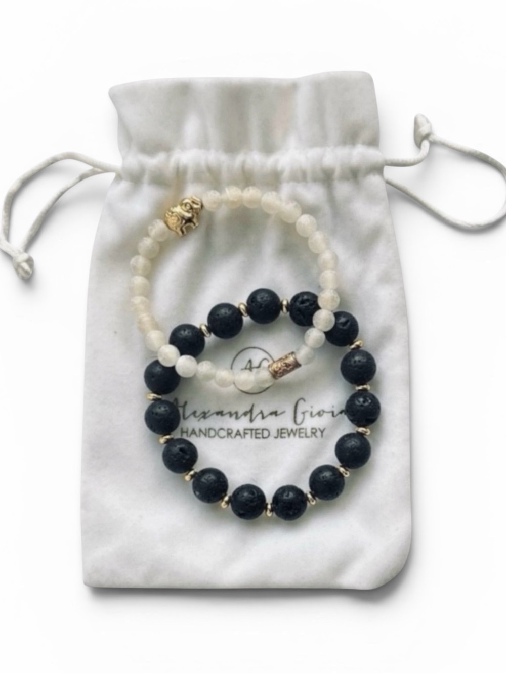 NEW 2 Alexandra Gioia Black Lava Stone & White Clover Druzy Stretch Bracelets